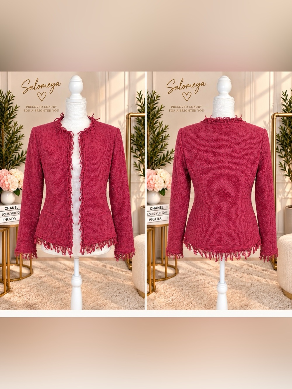 $550 IRO Shavani Jacket in Lipstick Red Frayed Edge Bouclé Jacket Medium